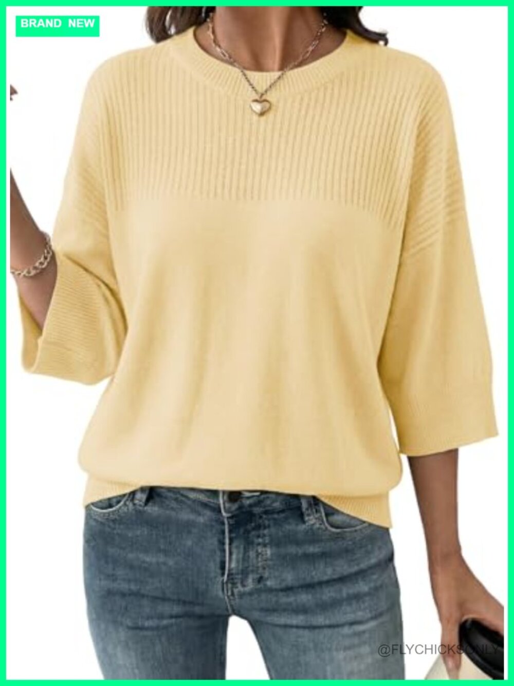 Womens 3/4 Sleeve Oversized Cropped Knit Sweater Pullover Crew Neck
